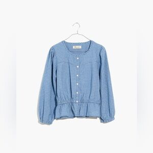 Chambray Puff-Sleeve Peplum Top in Windowpane